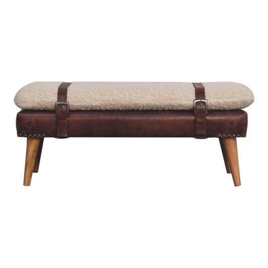 35" Ivory Mahogany And Natural Boucle Genuine Leather And Solid Wood Upholstered Bench
