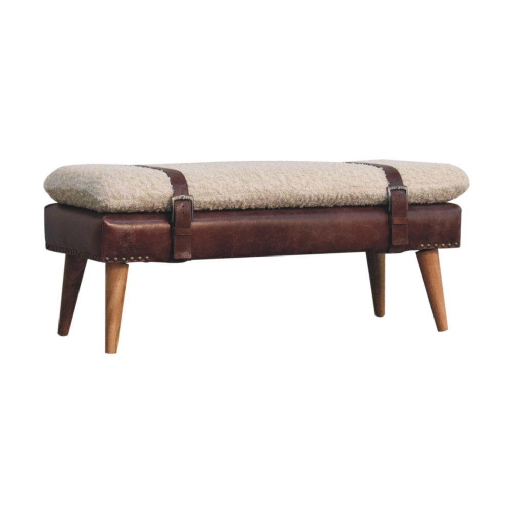 35" Beige And Brown Boucle Genuine Leather And Solid Wood Upholstered Bench — view 13