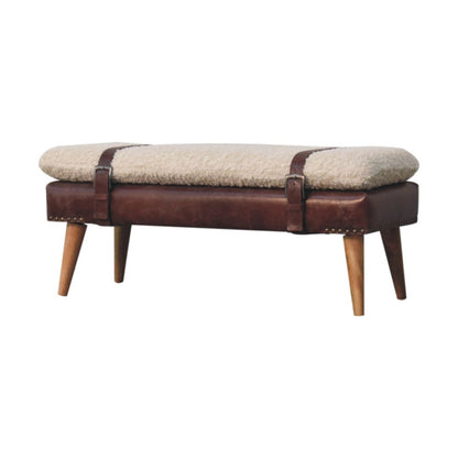 35" Beige And Brown Boucle Genuine Leather And Solid Wood Upholstered Bench HomeRoots