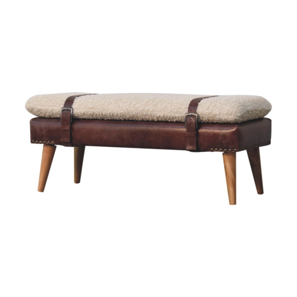 35" Ivory Mahogany And Natural Boucle Genuine Leather And Solid Wood Upholstered Bench — view 14