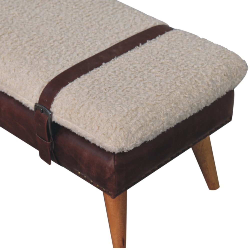 35" Ivory Mahogany And Natural Boucle Genuine Leather And Solid Wood Upholstered Bench