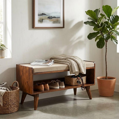 35" Beige And Brown Linen And Solid Wood Upholstered Storage Bench With Shoe Storage