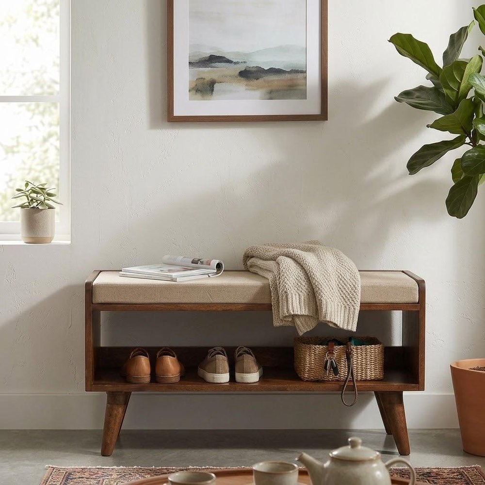 35" Beige And Brown Linen And Solid Wood Upholstered Storage Bench With Shoe Storage — view 10