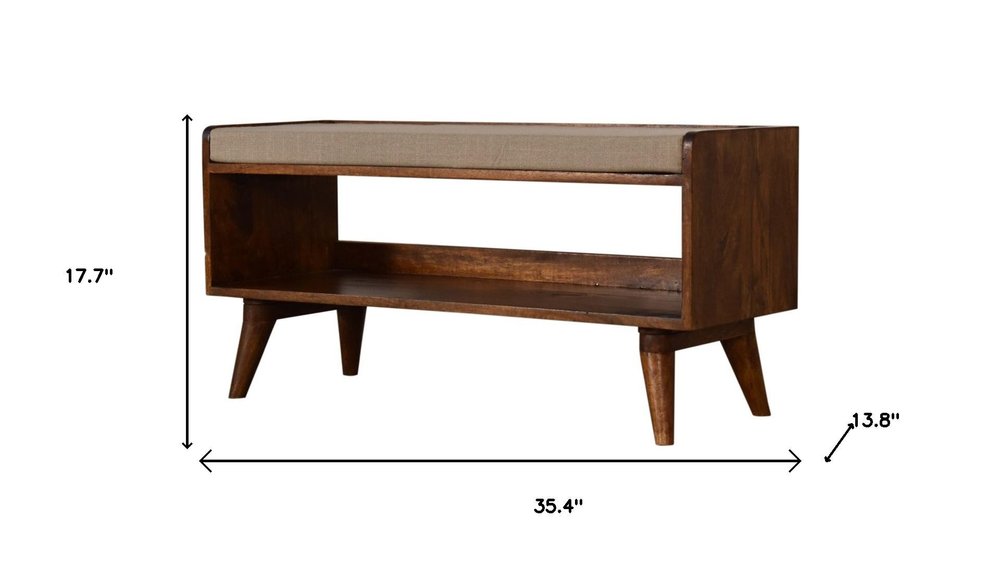 35" Beige And Brown Linen And Solid Wood Upholstered Storage Bench With Shoe Storage — view 7