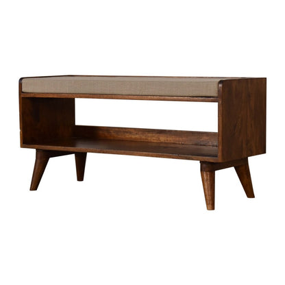 35" Beige And Brown Linen And Solid Wood Upholstered Storage Bench With Shoe Storage HomeRoots