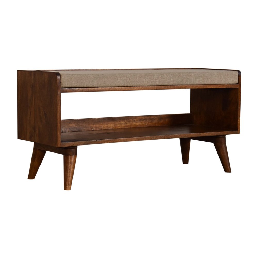 35" Beige And Brown Linen And Solid Wood Upholstered Storage Bench With Shoe Storage — view 2