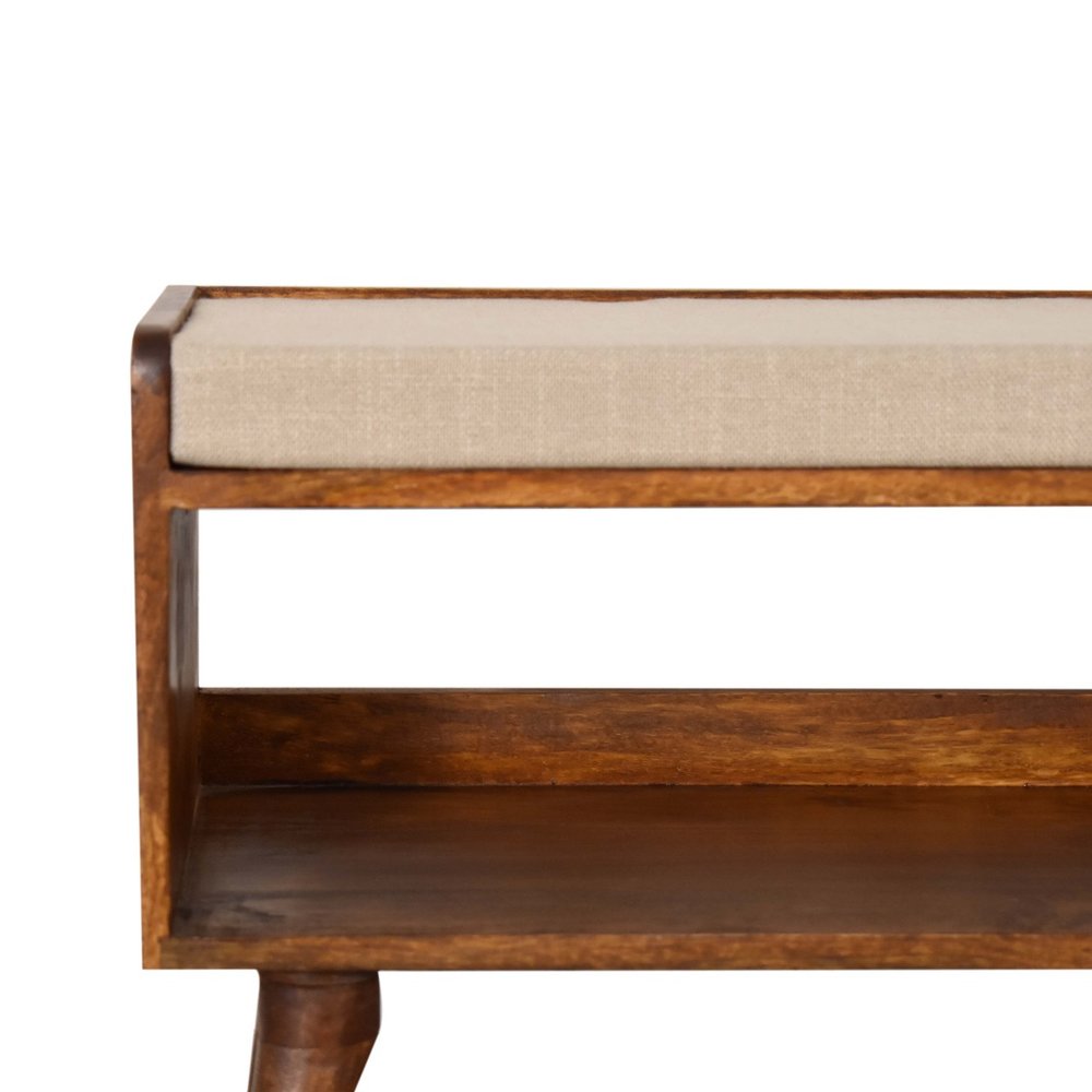 35" Beige And Brown Linen And Solid Wood Upholstered Storage Bench With Shoe Storage HomeRoots