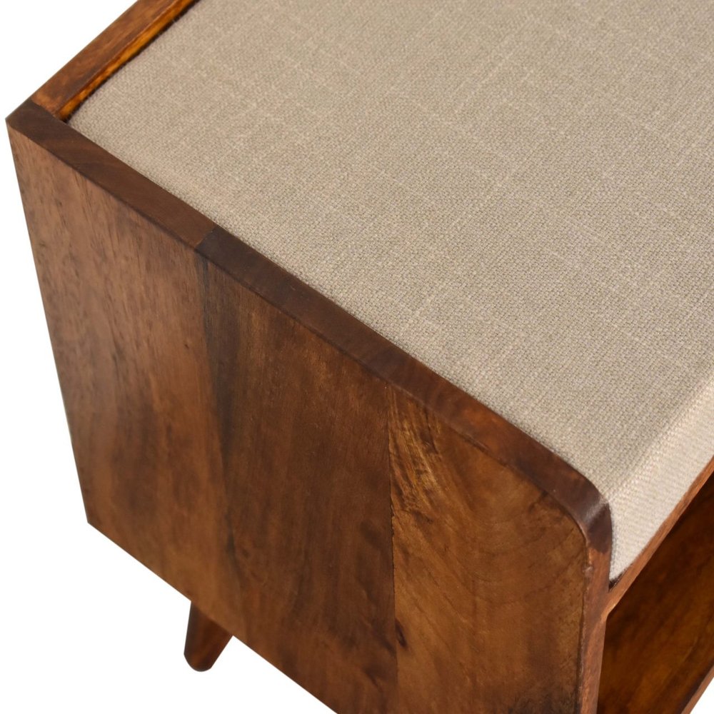 35" Beige And Brown Linen And Solid Wood Upholstered Storage Bench With Shoe Storage — view 4