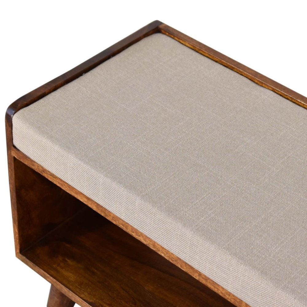 35" Beige And Brown Linen And Solid Wood Upholstered Storage Bench With Shoe Storage — view 5