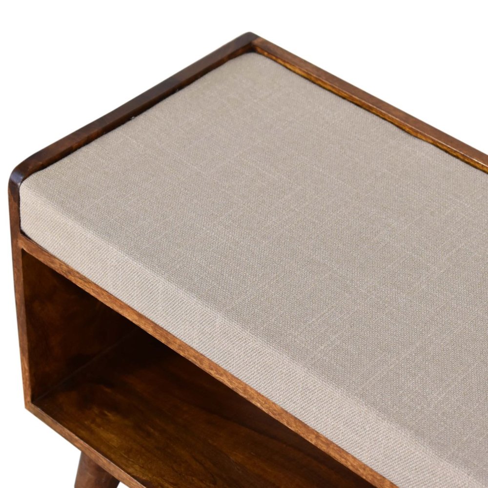 35" Beige And Brown Linen And Solid Wood Upholstered Storage Bench With Shoe Storage