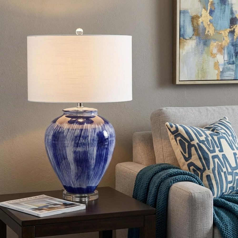 26" Blue And Clear Urn Table Lamp With Drum Shade HomeRoots