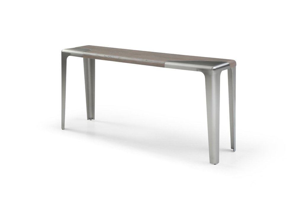 63" Light Gray and Nickel Wood and Stainless Steel Console Table — view 4