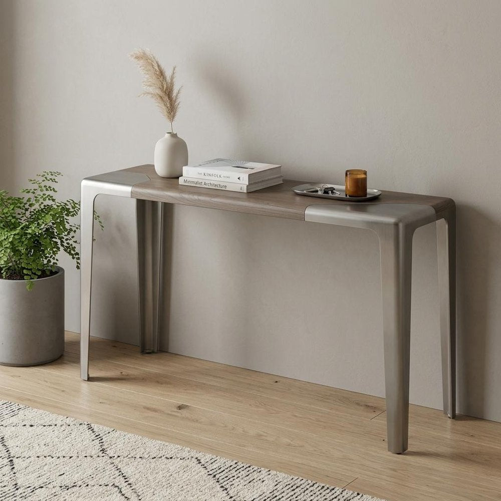 63" Light Gray and Nickel Wood and Stainless Steel Console Table — view 1
