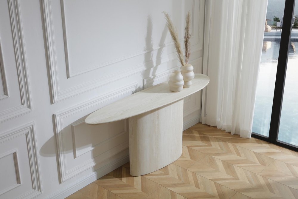 71" Beige Genuine Marble Oval Pedestal Console Table HomeRoots