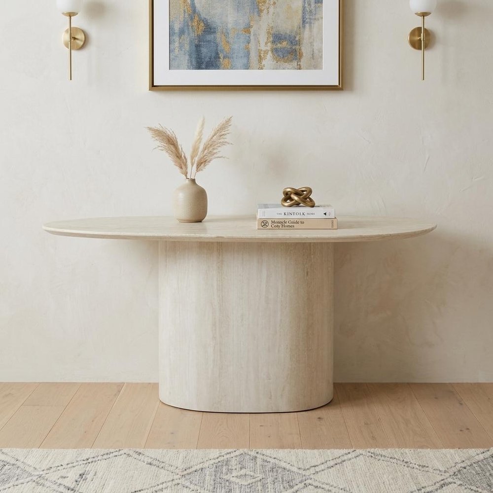 71" Beige Genuine Marble Oval Pedestal Console Table HomeRoots
