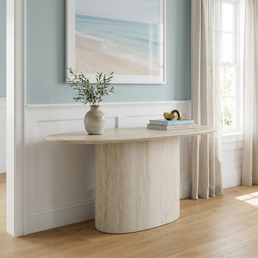 71" Beige Genuine Marble Oval Pedestal Console Table HomeRoots