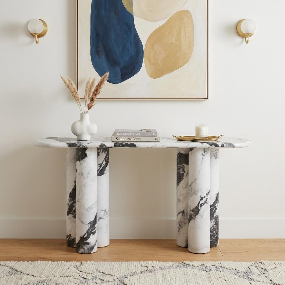 60" Black and White Genuine Marble Double Pedestal Console Table — view 1