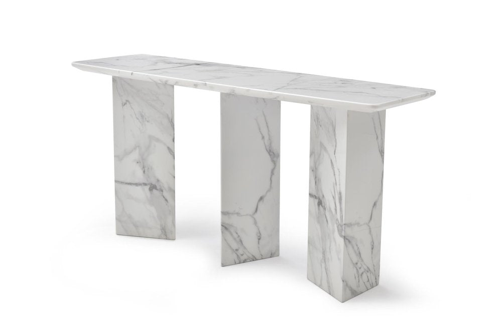 60" Gray and White Genuine Marble Three Leg Console Table HomeRoots