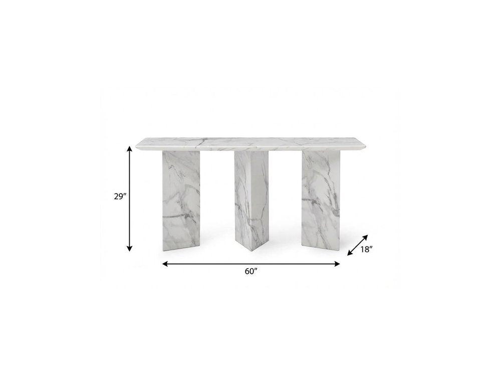 60" Gray and White Genuine Marble Three Leg Console Table HomeRoots