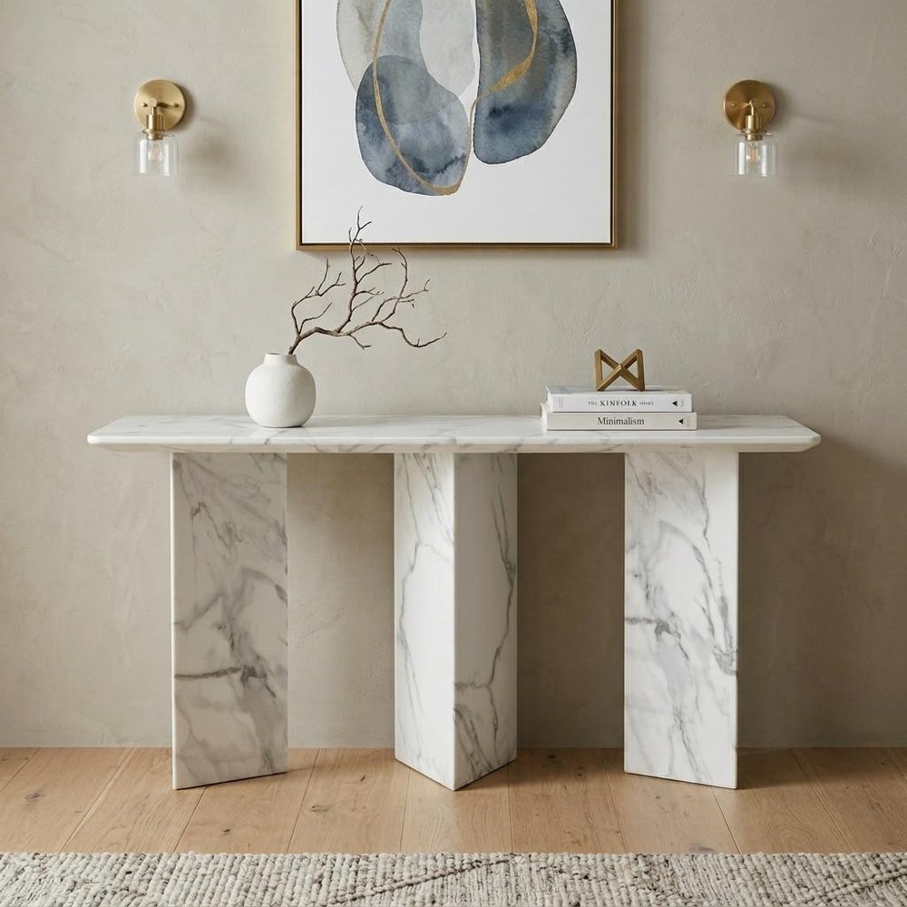 60" Gray and White Genuine Marble Three Leg Console Table — view 1