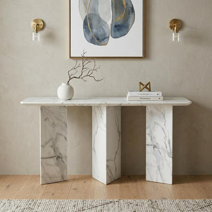 60" Gray and White Genuine Marble Three Leg Console Table HomeRoots