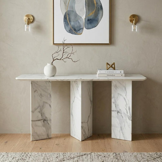 60" Gray and White Genuine Marble Three Leg Console Table