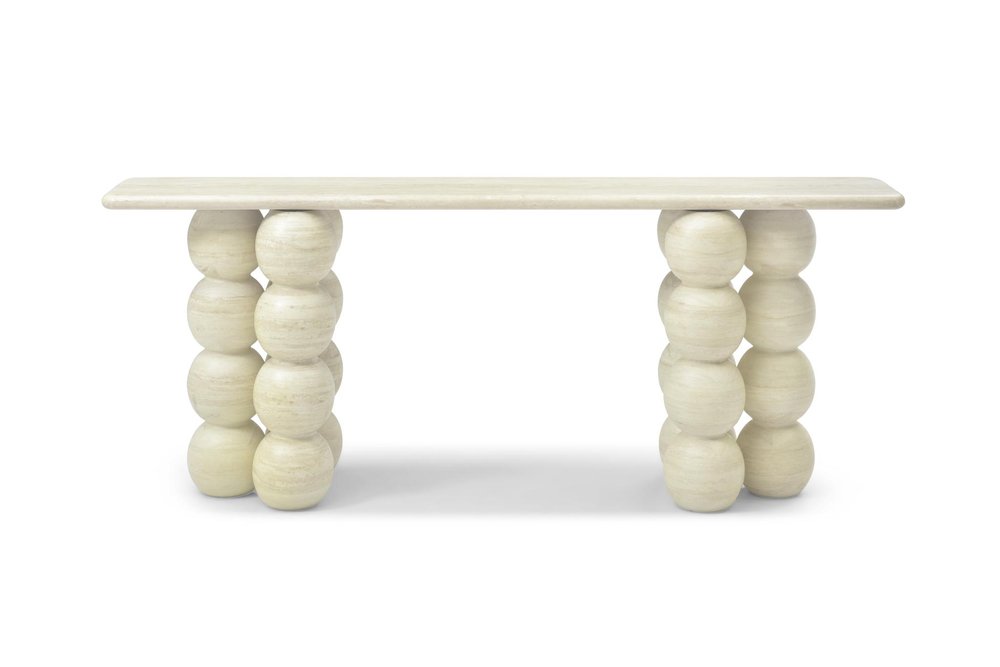 75" Beige Genuine Marble Double Pedestal Console Table HomeRoots