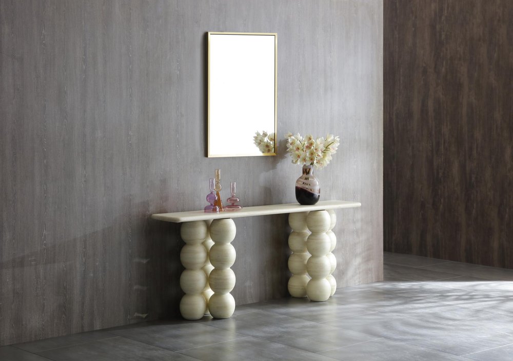 75" Beige Genuine Marble Double Pedestal Console Table HomeRoots