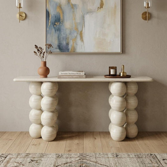 75" Beige Genuine Marble Double Pedestal Console Table