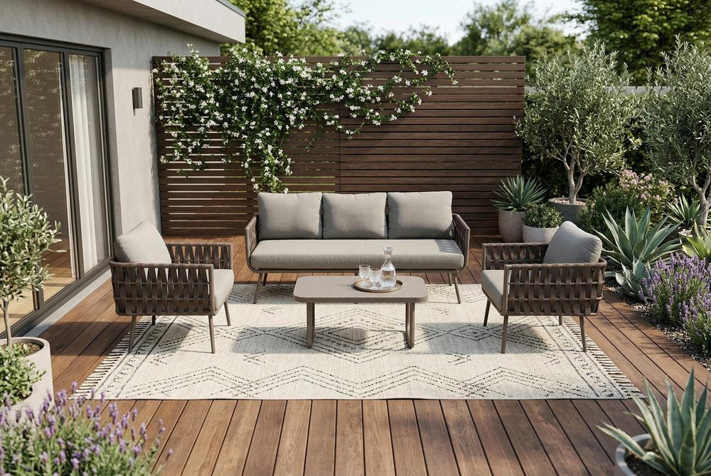 Four Piece Gray and Taupe Metal Upholstered Cushions Sofa Seating Group With Table — view 13
