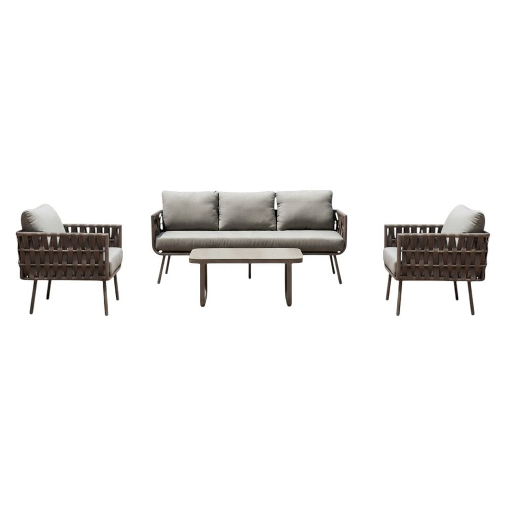 Four Piece Gray and Taupe Metal Upholstered Cushions Sofa Seating Group With Table — view 10