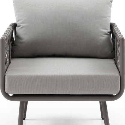 Four Piece Gray and Taupe Metal Upholstered Cushions Sofa Seating Group With Table