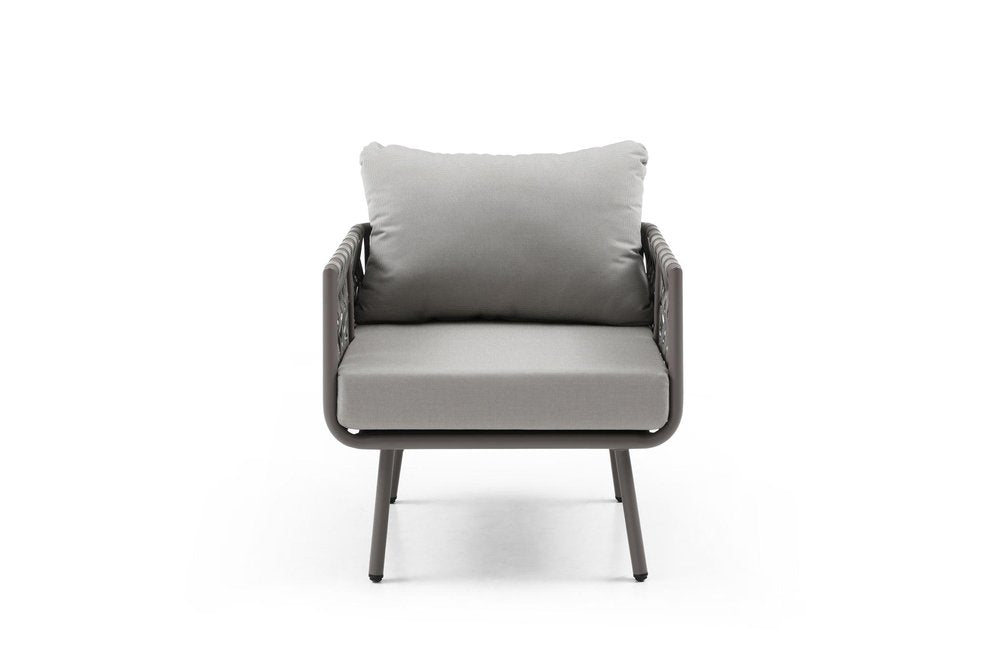 Four Piece Gray and Taupe Metal Upholstered Cushions Sofa Seating Group With Table — view 1