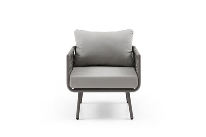 Four Piece Gray and Taupe Metal Upholstered Cushions Sofa Seating Group With Table