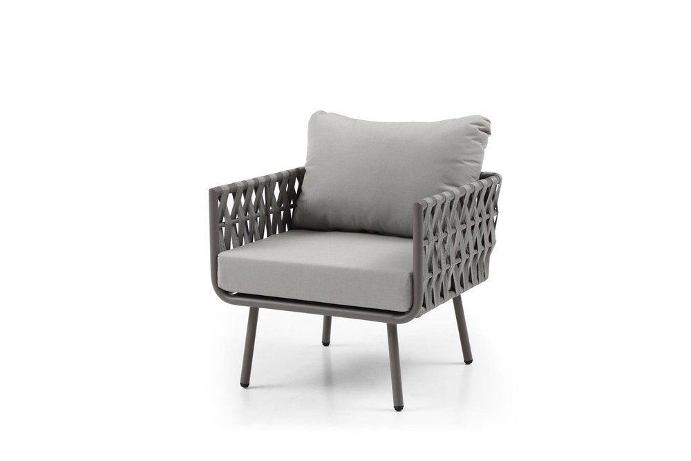 Four Piece Gray and Taupe Metal Upholstered Cushions Sofa Seating Group With Table — view 2
