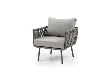 Four Piece Gray and Taupe Metal Upholstered Cushions Sofa Seating Group With Table