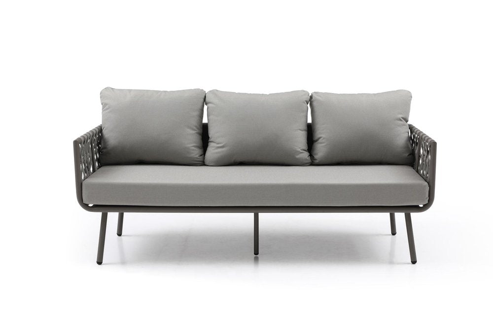 Four Piece Gray and Taupe Metal Upholstered Cushions Sofa Seating Group With Table — view 6
