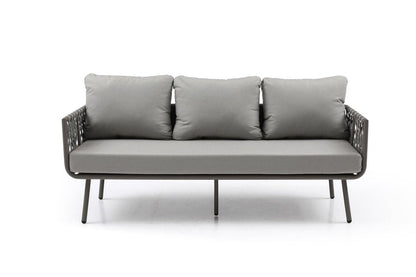 Four Piece Gray and Taupe Metal Upholstered Cushions Sofa Seating Group With Table