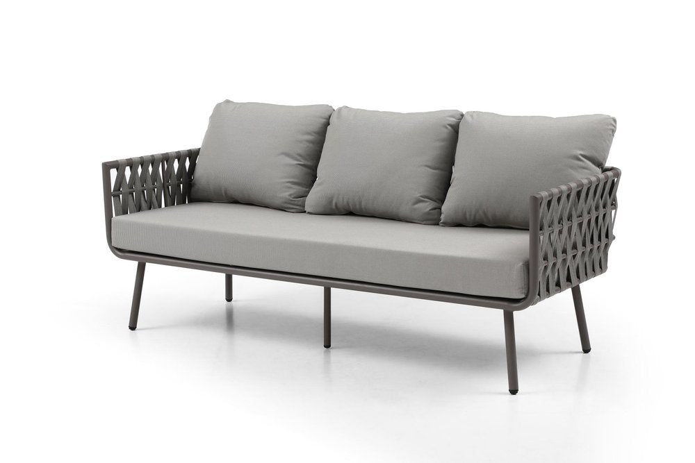 Four Piece Gray and Taupe Metal Upholstered Cushions Sofa Seating Group With Table — view 7