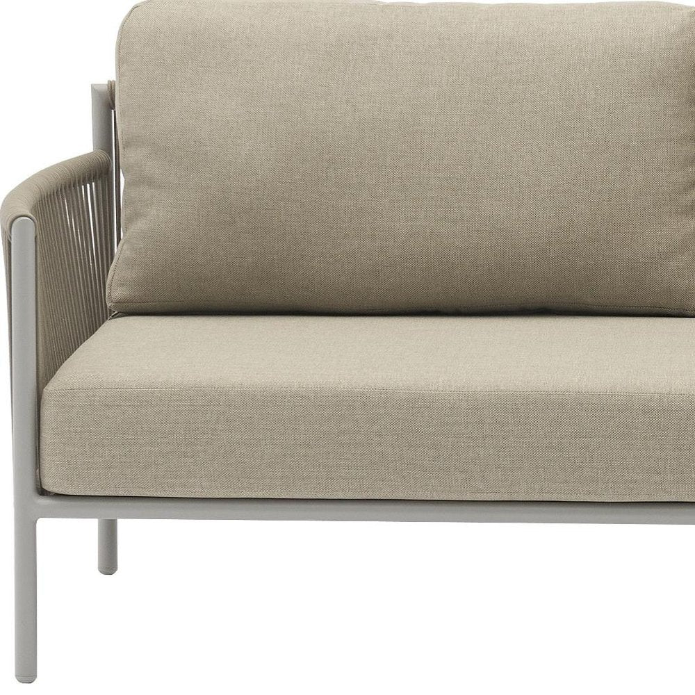 Four Piece Light Gray and Taupe Metal Upholstered Cushions Sofa Seating Group With Table — view 9