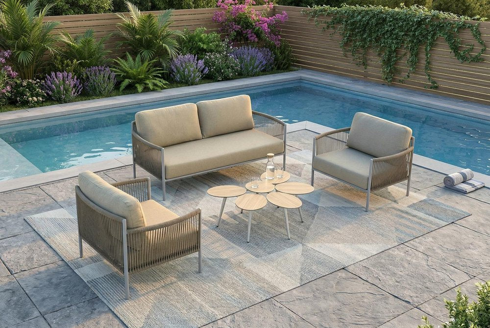 Four Piece Light Gray and Taupe Metal Upholstered Cushions Sofa Seating Group With Table — view 11
