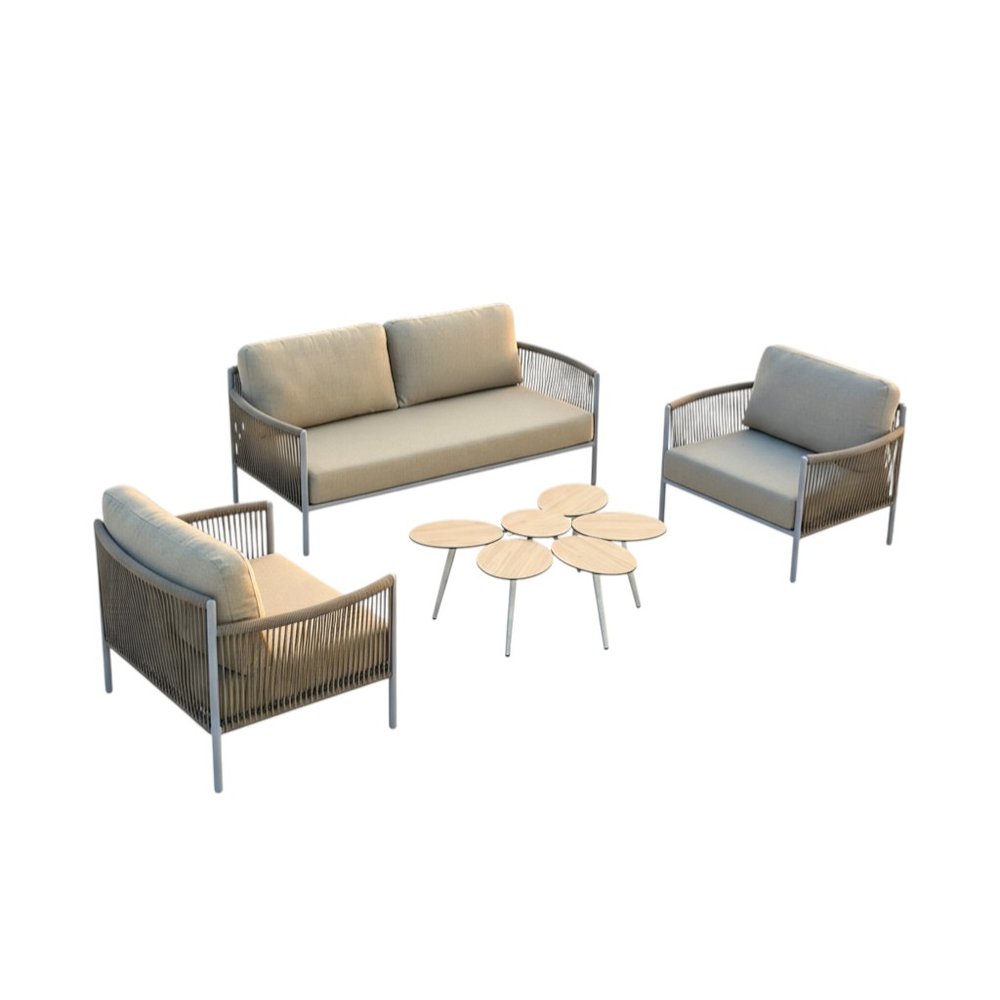Four Piece Light Gray and Taupe Metal Upholstered Cushions Sofa Seating Group With Table — view 10