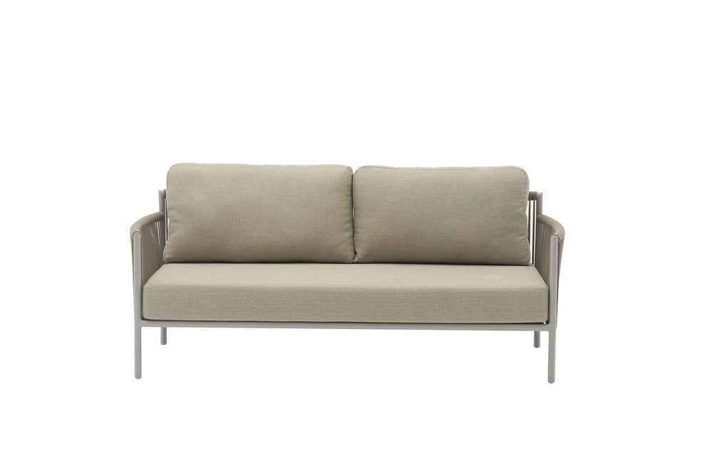 Four Piece Light Gray and Taupe Metal Upholstered Cushions Sofa Seating Group With Table — view 1