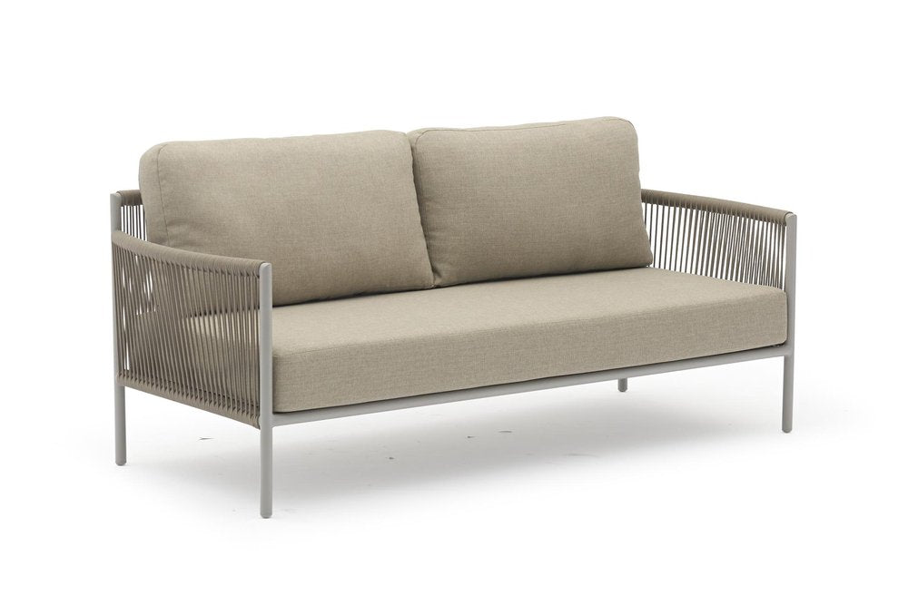Four Piece Light Gray and Taupe Metal Upholstered Cushions Sofa Seating Group With Table — view 2