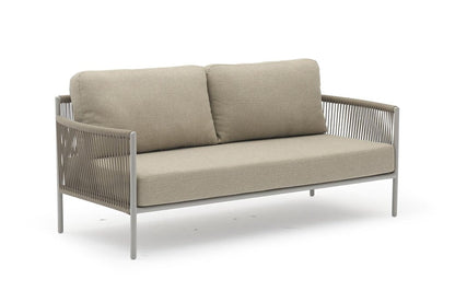 Four Piece Light Gray and Taupe Metal Upholstered Cushions Sofa Seating Group With Table