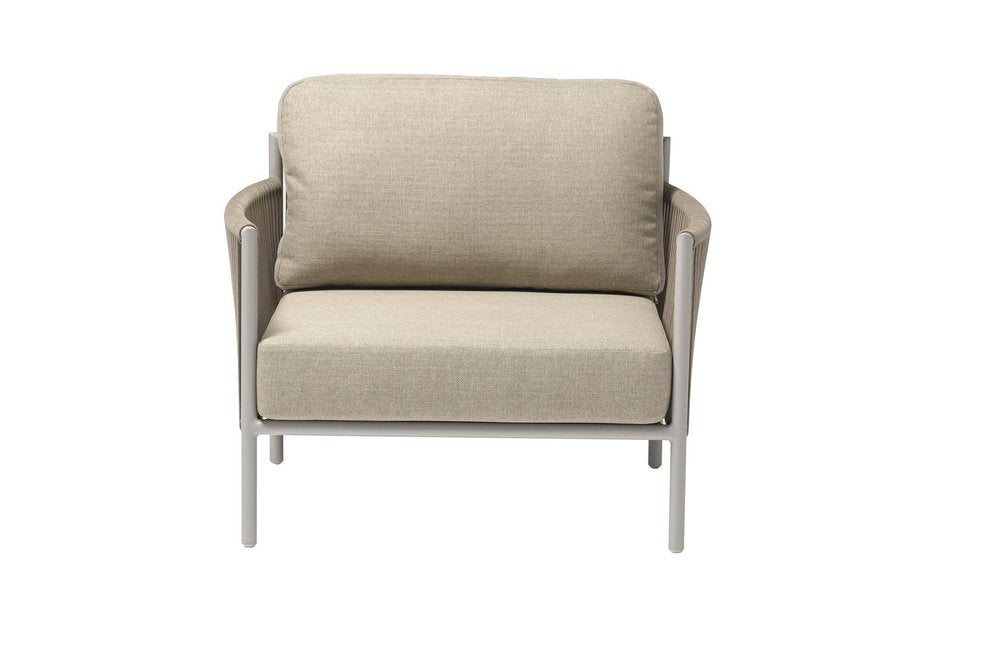 Four Piece Light Gray and Taupe Metal Upholstered Cushions Sofa Seating Group With Table — view 4