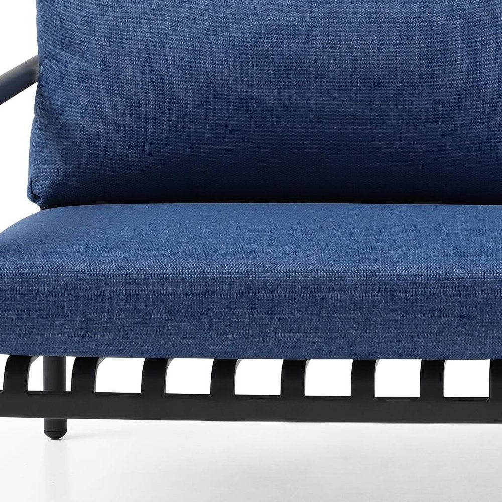 Four Piece Dark Gray and Blue Metal Upholstered Cushions Sofa Seating Group With Table — view 10