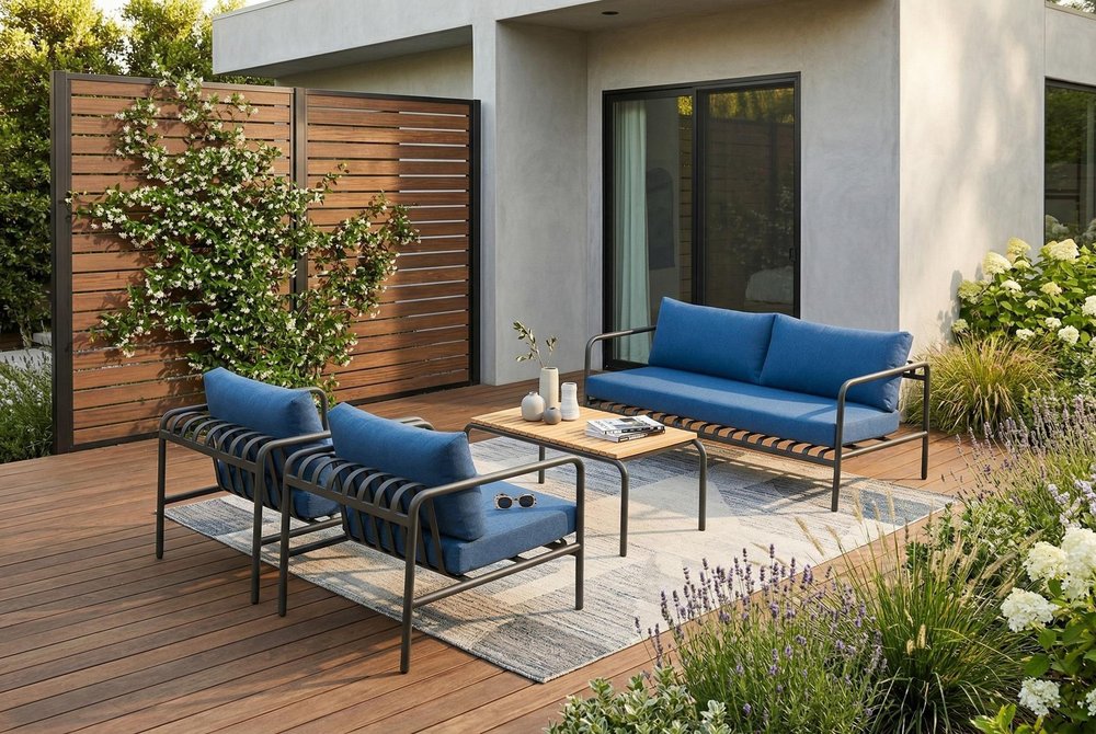 Four Piece Dark Gray and Blue Metal Upholstered Cushions Sofa Seating Group With Table — view 13