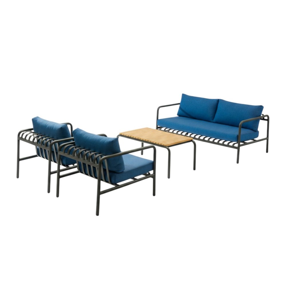 Four Piece Dark Gray and Blue Metal Upholstered Cushions Sofa Seating Group With Table — view 11