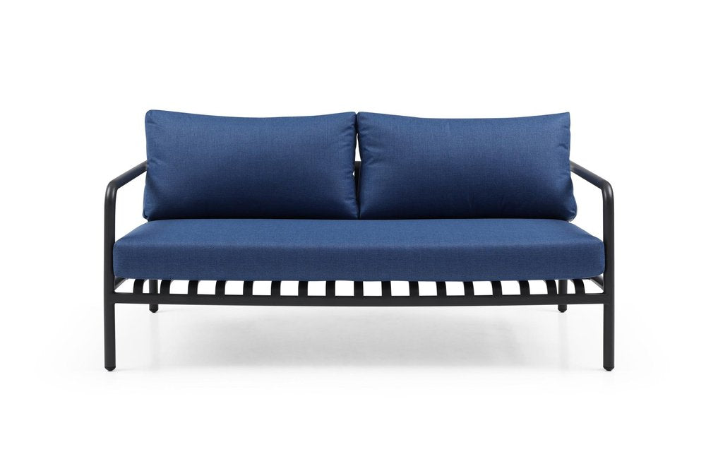 Four Piece Dark Gray and Blue Metal Upholstered Cushions Sofa Seating Group With Table — view 1